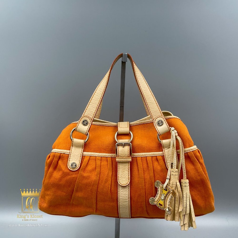 Celine Orange White Canvas Leather Bag